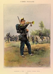 Typer och uniformer av kapten Jules Richards franska armé, illustrerad av Edouard Detaille (1848-1912): Jägare till fots: Bugle i stor klänning 1885, Privat samling