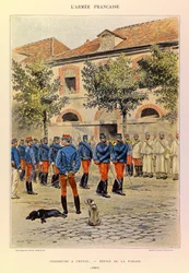 Typer och uniformer i den franska armén av kapten Jules Richard, illustrerad av Edouard Detaille (1848-1912): Hunter a Horseback; Defile de la parade en 1886, Collection Partiale
