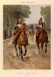 Typer och uniformer i den franska armén av kapten Jules Richard, illustrerad av Edouard Detaille (1848-1912): Cuirassiers: Eskortpluton 1885, privat samling.