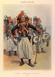 Typer och uniformer av den franska arméen av kapten Jules Richard, illustrerad av Edouard Detaille (1848-1912): Zouaves: Drum in Country Dress in 1886, Private Collection