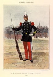 Typer och uniformer av kapten Jules Richards franska armé, illustrerad av Edouard Detaille (1848-1912): Elev vid specialmilitärskolan: infanteri 1885, privat samling