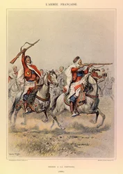 Typer och uniformer av kapten Jules Richards franska armé, illustrerad av Edouard Detaille (1848-1912): Spahis a la Fantasia 1886, privat samling