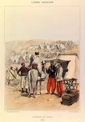 Typer och uniformer av kapten Jules Richards franska armé, illustrerad av Edouard Detaille (1848-1912): Camp of Zouaves 1886, Privat samling
