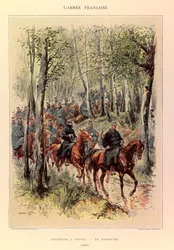 Typer och uniformer av kapten Jules Richards franska armé, illustrerad av Edouard Detaille (1848-1912): Hunters a horse in maneuver in 1885, Private Collection