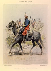 Typer och uniformer av kapten Jules Richards franska armé, illustrerad av Edouard Detaille (1848-1912): Afrikas jägare i lantklänning 1886, privat samling