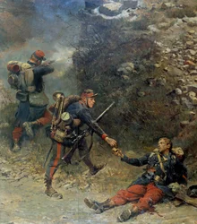 Kriget 1870: "" Botten av giberne"" En skadad infanterist ger sina sista projektiler till sin följeslagare under slaget vid Champigny (1870-11-11). Detalj av en målning av Jean-Baptiste-Edouard Detaille (1848-1912) och Alphonse de Neuville (Deneuvi)