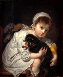 Den lilla flickan med den lilla hunden Målning av Jean-Baptiste (Jean Baptiste) Greuze (1725-1805) 1769 Mått 64x53 cm Milano, Civiche Raccolte del Castello Sforzesco