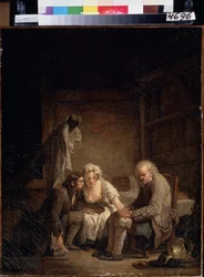 ""The Blind Man Deceives"" (Blind Man Deceived). Ärlig man offer för trick, bluff och brist på ärlighet. Målning av Jean Baptiste Greuze (1725-1805) cirka 1755. Olja på duk. Rokoko. Pushkin-museet, Moskva