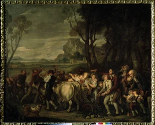 ""Den första fåran"" (Den första fåran) Bondefestival anordnad med anledning av spårningen av den första fåran som grävdes under början av plöjningen. Målning av Jean Baptiste Greuze (1725-1805) 1801 Pushkin Museum, Moskva