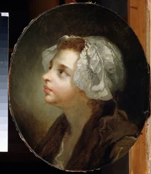""Porträtt av en ung flicka"" Hon bär en halsduk på huvudet. Målning av Jean Baptiste Greuze (1725-1805) Regional Art Museum, Chernigov (Chernihiv eller Chernigov) Ukraina