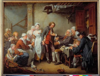 Byns godkände Brudens far ger doten till sin svärson. Målning av Jean Baptiste Greuze (1725-1805). 1761 Sön. 0,92 x 1,17 m.