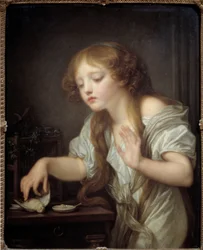 Ung flicka som tvekar att röra vid en fågel av rädsla för att den är död, eller den döda fågeln. Målning av Jean Baptiste Greuze (1725-1805), 1800. Sun. 0,68 x 0,55 m