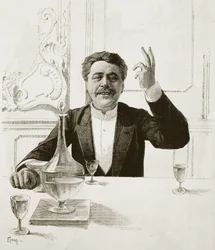Porträtt av Henry Becque (1837-1899), fransk dramatiker - grav av Florian efter Jean-Baptiste Guth (1883-1921) - Publicerad i Revue illustree, ca. 1890