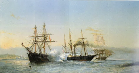Sjöstrid framför den marockanska kusten mellan två marockanska brigger och en fransk hjulkorvett i samband med den franska eskaderns bombning av Mogador 1844.