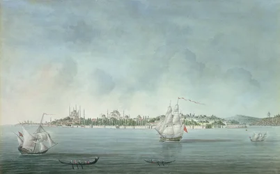 Utsikt över Sultan Ahmet och Santa Sophia från Uskudar, i Konstantinopel