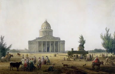 Utsikt över Pantheon i Paris med en vagn som bär en staty av Jean-Jacques Rousseau (1712-78), ca 1792