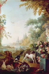Två kaniner, en skata och en hund, från Gilles Demarteau-salongen (1722-76)