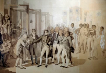 Napoleon Bonaparte (1769-1821), förste konsul, i närvaro av Josephine de Beauharnais, besöker de sju brödernas sammetsfabrik i Rouen, november 1802 och ritar i tvätten av Jean Baptiste Isabey (1767-1855) 1804 Sön. 1,24x1,76 m Versailles, mu