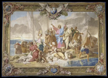 ""Det mirakulösa fisket"" Nya testamentet hänger i ull och siden Tillverkning royale des Gobelins, verkstad av Jean Lefebvre, efter Jean Jouvenet (1644-1717)