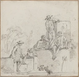 Figurer som sitter runt en fontän