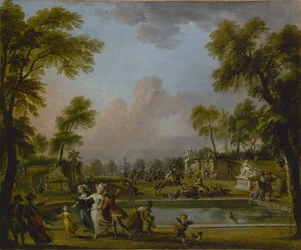Prince de Lambesc gick in i Tuileriernas trädgårdar med våld, 12 juli 1789, ca. 1789.