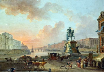 Utsikt över Monnaie, Pont Royal och Louvren från Pont Neuf omkring 1775 Målning av Jean Baptiste Lallemand (1710-1803) 1775 Sön. 0,53x0,64 m Paris, Musee Carnavalet