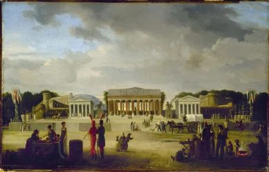 Vue du grand théâtre élevé sur la place de la Concorde pour la fête de la Paix, le 18 brumaire, an X (9 novembre 1801), år 1801 (olja på trä)