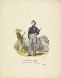Pensionerad kapten, 1820-1825 Nederlandsche Armée, Pensionerad Kapiteyn (titel på objekt) Militära dräkter av kungariket Nederländerna. Tillägnad Hans Excellence Willem van Bylandt (serietitel på objekt)