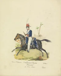 Husar från den nederländska ostindiska armén, 1820-1825 Holländska Kavalerie Hussaar i Ostindien (titel på objekt) Militära dräkter av kungariket Nederländerna. Tillägnad Hans Excellence Willem van Bylandt (serietitel på objekt)