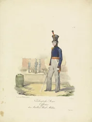 Artilleriofficer, 1820-1825; Nederländska armén, artilleriofficer vid nationalmilisen (titel på föremålet); Militära dräkter från Konungariket Nederländerna. Tillägnad Hans Excellens Willem van Bylandt (serietitel på föremålet)