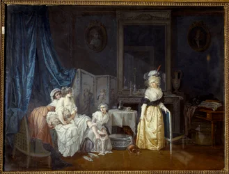 Toaletten En ung kvinna med hjälp av sina jungfrur är på väg att ta ett bad. Målning av Jean Baptiste Mallet