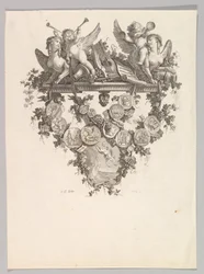 Vinjett med sfinxer och putti, 1779.