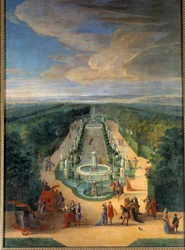 Utsikt över lunden i Galerie des Antiques i trädgårdarna i Versailles Målning av Jean-Baptiste Martin (den äldre) (1659-1735) Runt 1688 sön. 2x1,4 m Versailles, musee du chateau