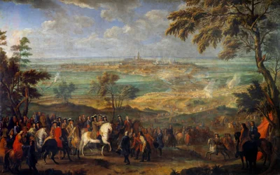 Augsburgs förbunds krig (1689-1697): "" Erövring av staden Mons av Ludvig XIV (1638-1715) den 9/04/1691"" Målning av Jean Baptiste Martin den äldre (1659-1735) Sön. 2,6x3,2 m