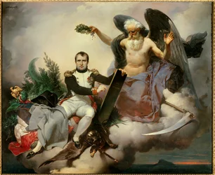 Napoleon I kröns av Tiden och skriver civillagen. Allegorin över Tiden kröner Napoleon Bonaparte (1769-1821) i en gammal ängels gestalt, när han reviderade sin lagsamling känd som Napoleonkoden, utfärdad 1804.