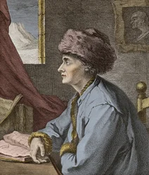 Jean Jacques Rousseau fransk författare och filosof i Neufchatel 1765 graverad av J.B. Michel - Porträtt av Jean-Jacques Rousseau (Jean Jacques) en Neuf Chatel 1765 gravyr av J.B. Michel