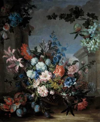 Blommor och fruktmålning av Jean Baptiste (Jean-Baptiste) Monnoyer (1634-1699) 1600-talets Orleans musee des Beaux Arts