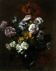 Stilleben av blommor i en glasvas (olja på duk)
