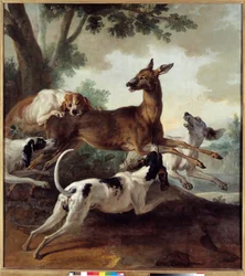 Hjort jagad av hundar. Jaktscen. Målning av Jean-Baptiste Oudry (1686-1755)