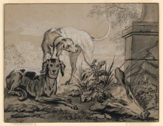 Teckning, Efter jakten: Två hundar bredvid ett vildsvinshuvud, 1740