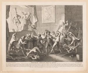 Slåss på en teater Bataille arrivée dans le tripot (titel på objekt) Scener från Scarrons Roman Comique (serietitel)