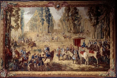 Hängning som skildrar Ludvig XVI:s jakt: mötet vid korsningen av kungens brunn i Compiegnes skog. Gobeläng av Jean Baptiste Oudry (1686-1755) 1737 sön. 4,3x6,55 m Compiegne, musee national du chateau