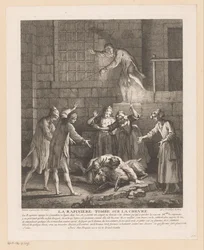Man valt bovenop en geit La Rapinière faller på geten (titel på objektet) Scener från Roman Comique van Scarron (serietitel)