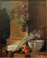 Stilleben med frukt, selleri och en kopp por
