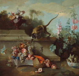 Stilleben med apa, frukter och blommor
