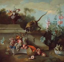 Stilleben med apa, frukter och blommor, 1724.