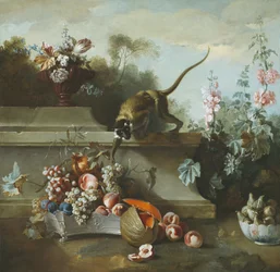 Stilleben med apa, frukter och blommor, 1724