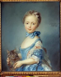 Porträtt av en ung flicka med en katt, pastell av Jean-Baptiste Perronneau (Jean Baptiste Perronneau) (1715-1783)