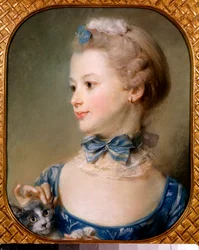 Porträtt av en liten flicka med en katt - Den unga damen har ett band och en lätt slöja runt halsen med en knut och smeker huvudet på en katt med fingertopparna - Pastellmålning av Jean-Baptiste Perroneau (Jean Baptiste Perronneau) (1715) -1783) 1700-talet