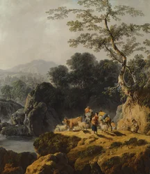 Ett floddalslandskap med herdar och resenärer